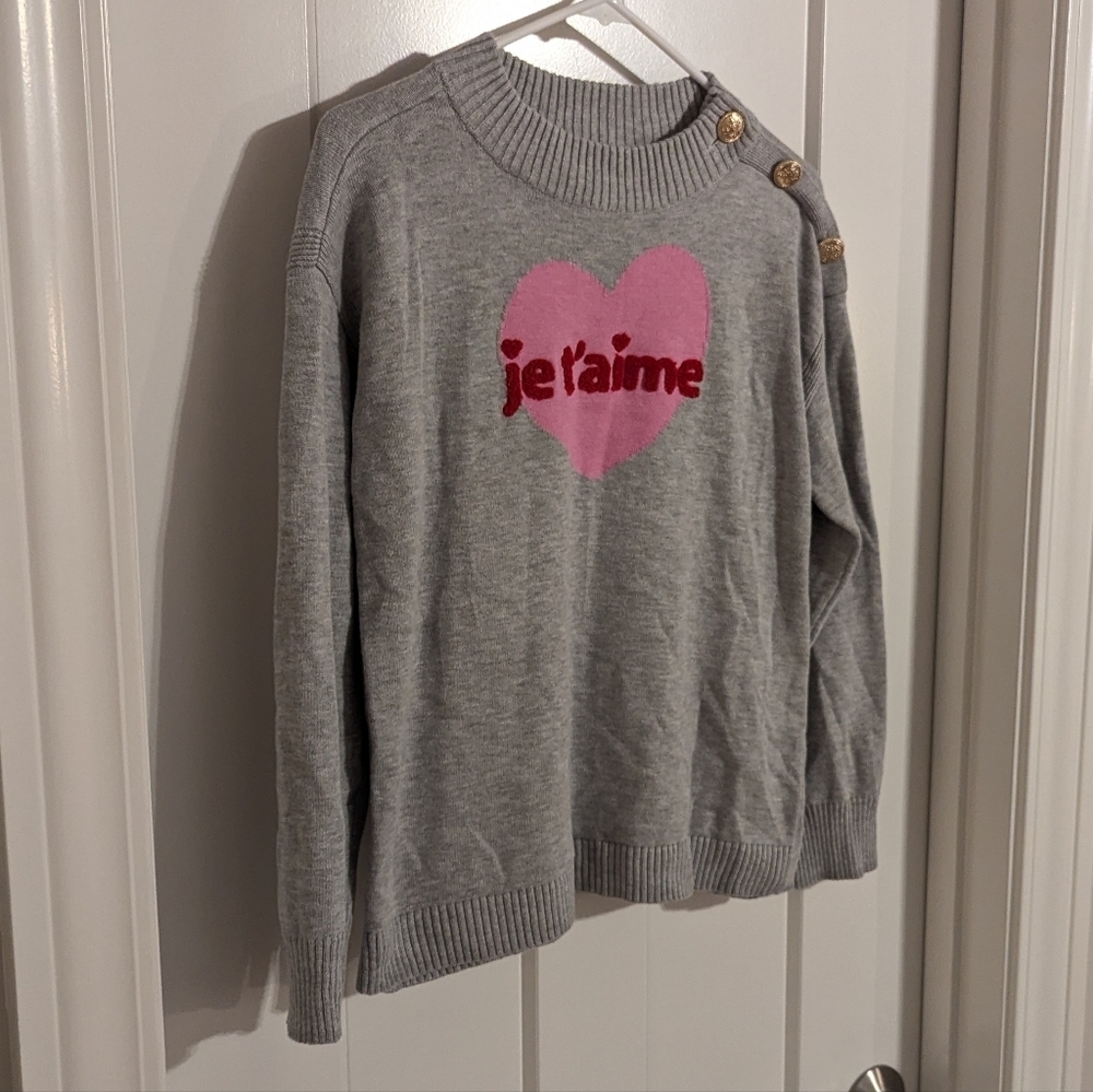 Talbots Je T'aime Heart Mockneck Grey Sweater with Gold Button Detail sz Mp - Picture 2 of 6